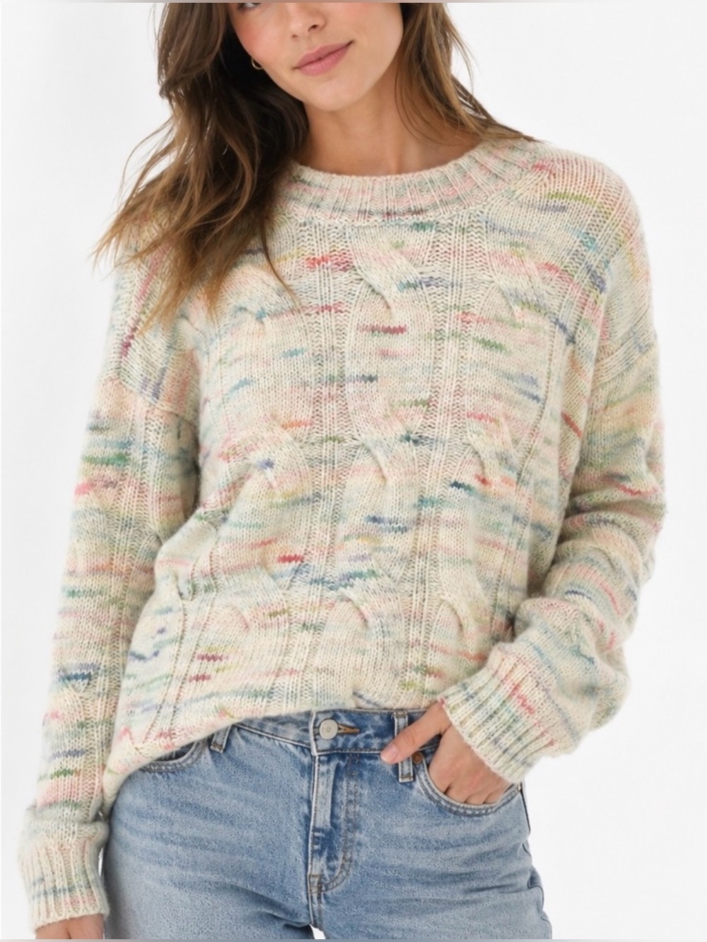 American Eagle Whoa So Soft Confetti Cable Knit Crewneck Sweater